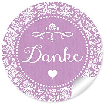 48 STICKER: Danke Edle Etiketten im Retro-Vintage-Style mit Herz und Ornamente (A4 Bogen) • Papieraufkleber (Aufkleber im Format 4 cm, rund, matt) Zum Danke sagen in LILA