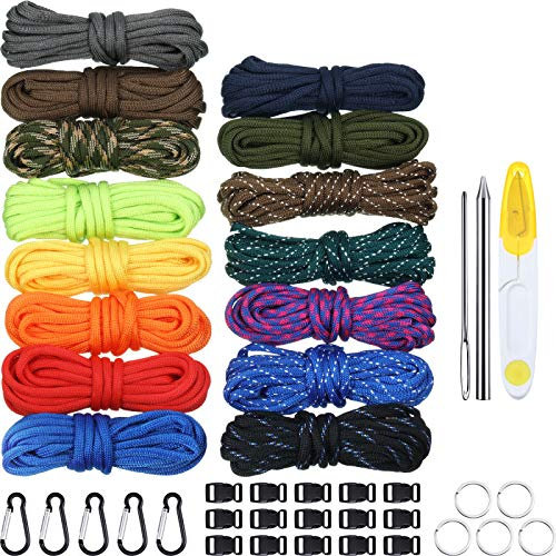 WILLBOND 150 Feet 15 Colors Paracord Cord with Buckles Keychain Key Rings and 3-Piece Paracord Lacing Needle Stitching Needles Kit