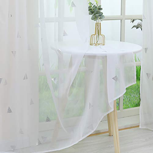 Delien Voile Gardine mit silberfarbenen Dreiecken Druck transparenter Vorhang mit Kräuselband Wohnzimmer Gardinenschals BxH 140x225cm Weiß 1 Stück