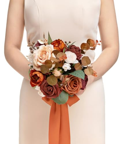 Ling's moment Terracotta Artificial Wedding Flower Bouquets for Bridesmaids Burnt Orange Floral Bouquet Rust Bridal Bouquets for Bridesmaids with Ribbon Ceremony Anniversary,7-inch Diameter