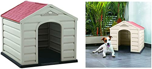 Happy House Hundehütte aus Kunstharz, Puppy, mittelgroß, 61 x 68 x 58 cm, beige mit rotem Dach