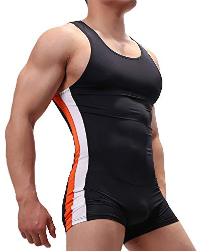 SPNSSTCR Men Bodysuit Sports Gym Athletic Supporters Undershirts Boxers Wrestling Singlets Jumpsuits Leotard - black - Large