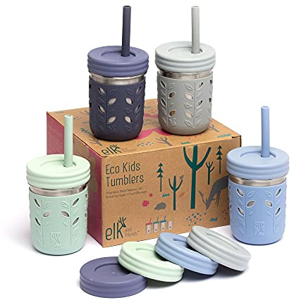 Elk and Friends 10oz Stainless Steel Kids + Toddler Drinking Cups | The Original Mason Jar with Sleeves + Lids | Silicone Straws | Smoothies | Storage Jar | Spill Resistant | Dishwasher Safe | 4 Pack