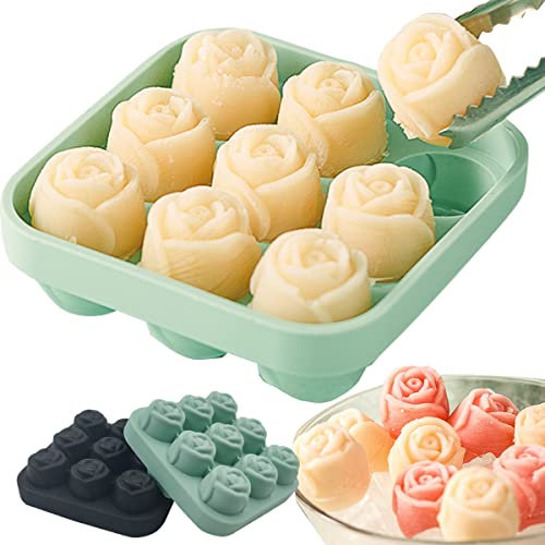 Bac à glaçons en silicone 3D en forme de rose - Moule à glaçons pour congélateur avec couvercle et entonnoir - Moule en silicone facile à démouler - 9 glaçons en forme de rose