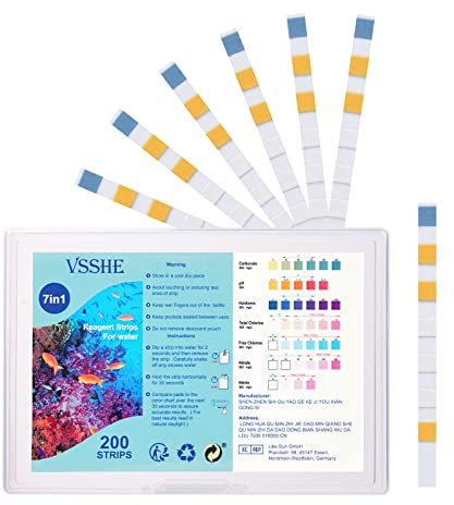 vsshe Aquarium Test Strips, 7 in 1 Fish Tank Test Kit, Freshwater Saltwater Aquarium Water Test Kit to Detect pH Nitrite Nitrate Chlorine Carbonate Hardness, Testable in 60 seconds (GH & KH) (200 Pcs)