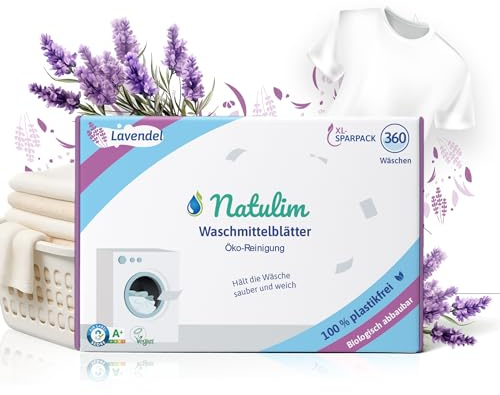 Natulim - Tvättmedelsremsor för tvättmaskiner (360 tvättar) - Inkluderar mjukgörareffekt, ekologisk, allergivänlig, noll avfall - kläder rena och mjuka utan att smutsa ner planeten (Lavendel)