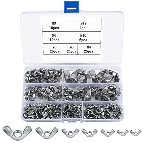 100 Pz Dado ad Farfalla, Dado ad Alette, Dado Viti a Testa Zigrinata Fissaggio in Acciaio inox per Auto Macchinari Attrezzature Apparecchiature Elettroniche Mobili, M3/M4/M5/M6/M8/M10/M12