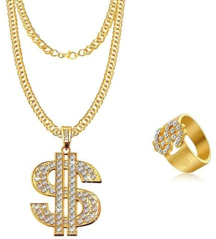 CHEVVY Hip Hop Goldene Dollar- Kette 80er Hop Rapper Zubehör Ring | Gangster Retro 70er, 80er, 90er Jahre Fasching Accessoires Mottoparty
