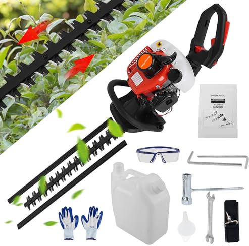 24-Inch Cordless Hedge Trimmer with Dual Action Blade, 26cc Gas Powered Hedge Trimmer Bush Trimmer 2-Stroke Fuel-efficient Low Voice Gas Bush Cutter Red