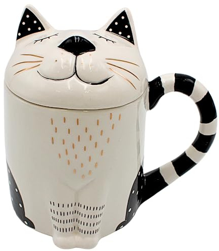 Dekohelden24 Kaffee-Becher, Teetasse als Katze mit Deckel aus Keramik, Schwarz-Weiß und Gold, Größe: H/Ø ca. 14 x 9 cm, Fassungsvermögen ca. 400ml