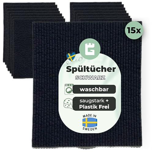 Grünschloss Spültücher schwarz -15x Schwammtuch waschbar Küchentücher Baumwolle & Holz-Zellstoff - Küchenlappen, Putzschwamm Made in Sweden - extra saugstarke universal Reinigungstücher & Wischlappen