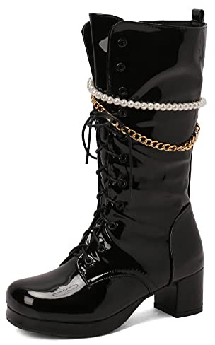 Gicoiz Mujer Punta Rojoonda Charol Botas Militares Cordones Cadenas Invierno Moda Tacón Ancho Botas Fiesta Plataforma Biker Botín Zip Negro Talla 43 EU-45Cn