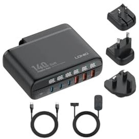 140W Desktop Charger GaN USB C Charger Hub Multi Port 6 USB Ports LED USB C Charging Station Wall Charger Power Strip Replaceable Travel Plug UK/USA/EU Made for MacBook, Dell XPS,iPhone, iPad, Lenovo