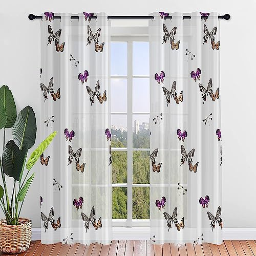 ENEN 2er Set Scheibengardinen, Modern Halbtransparent Bistrogardine, Schlaufengardinen Gardinen Küche Türgardine für Kleine Fenster Küche Wohnzimmer Landhaus (140x213cm,Lila Schmetterling)