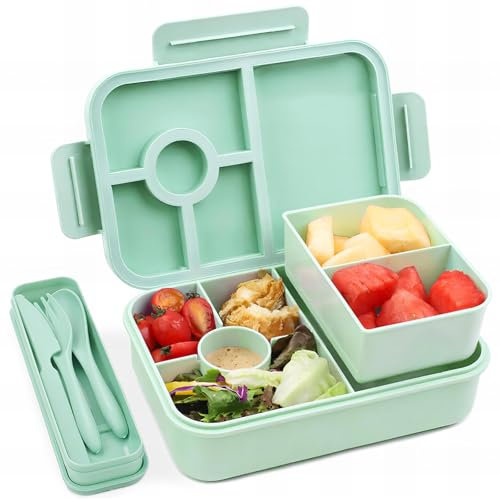 Bugucat Brotdose Kinder mit Fächern 1300ML, Auslaufsicher Lunchbox Kinder, Bento Box mit Besteckset, Brotdose für Erwachsene,Vesperdose Frühstücksbox für Mädchen & Jungen Grün