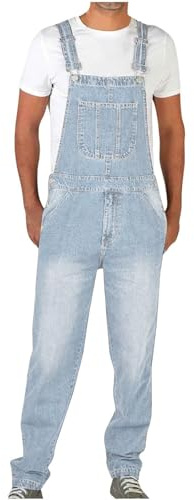 Keepink Denim Dungarees for Men UK Plus Size Long Pants Jeans Overalls Workwear Adjustable Strap Dungaree Mens Casual Sleeveless Rompers Suspender Playsuits Jumpsuits Pocket