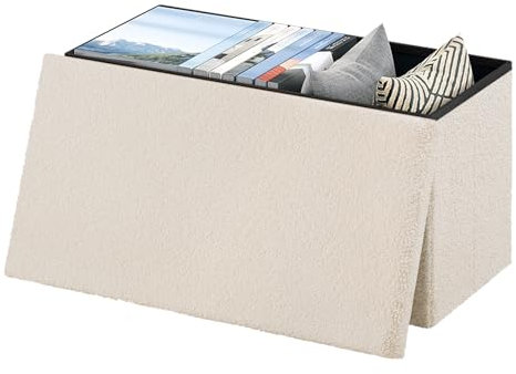 eSituro Pouf Contenitore Rettangolare, Panca Portaoggetti con Coperchio Rimovibile, Cassapanca Pieghevole da Interno per Camera da Letto, Poggiapiedi in Pile, Beige, 76x38x37cm