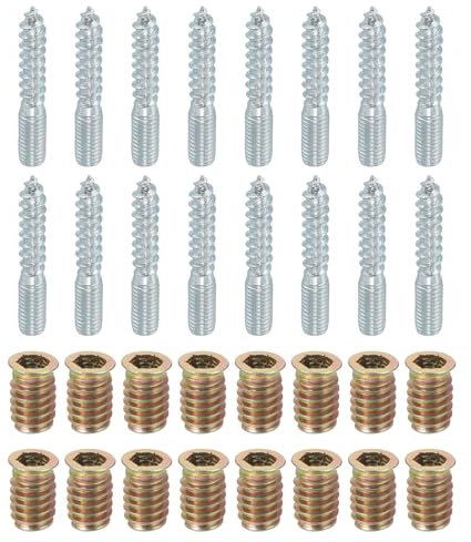 sourcing map M8x50mm Hanger Bolts, 16pcs 31mm Wood Dowel Screw Self-Tapping Screw with 16pcs M8x20mm Threaded Insert Nuts Interface Hex Socket Drive, for Joint Furniture Legs