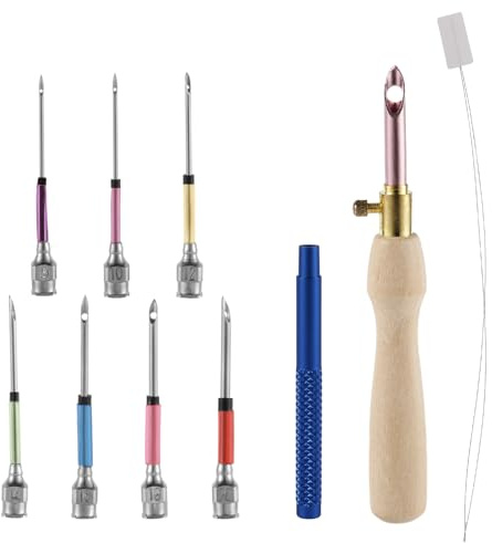 10pcs Punch Needle Kit, Adjustable Punch Embroidery Kit with 7 Sizes Lavor Needle Heads Sewing Art Needle Tool for Adult Beginners Flossing Cross Stitch DIY Craft