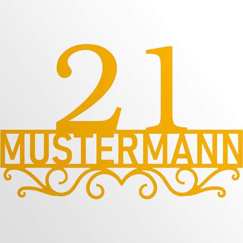 INDIGOS UG - Türschild - Schilder selbst gestalten - Aluverbundplatte - Name & Hausnummer - gelb - 100 cm - Wunschname - Namensschild - Schild personalisiert - Schild für Familie, Freunde,
