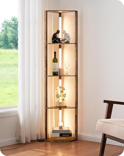 EDISHINE Lampada da Terra Per Soggiorno con Ripiani, Dimmerabile in Continuo, 3 Temperature Colore, Interruttore a Pedale, Ripiano Angolare con Lampada LED per Soggiorno, Camera, Ufficio, Noce Medio