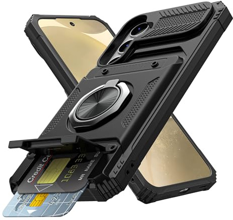 Coolden for Samsung S24 Case with Card Holder [Max 2 Cards] Ring Kickstand Shockproof Military Grade Heavy Duty Protective Phone Cases Wallet Cover for Samsung Galaxy S24 Case-Black