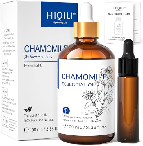 HIQILI Olio Essenziale Camomilla 100ML, Olio Essenziale di Camomilla Naturale al 100%, Rilassante, per Diffusore, Cura Della Pelle, Bagno, Casa, Aromaterapia