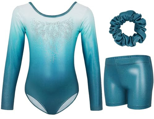 Gogokids Mädchen Dreiteilige Gymnastikanzüge, Langärmliges Gymnastik Set mit Shorts und Haarband, Glitzernde Balletteinheitstrikots - Gymnastik Outfit mit Farbverlaufdesign für 8-9 Jahre