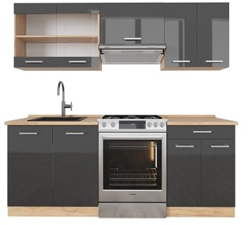 Vicco Küchenzeile R-Line, Anthrazit Hochglanz/Goldkraft Eiche, 200 cm, AP Eiche, geeignet zur individuellen Erweiterung durch Zusatzmodule