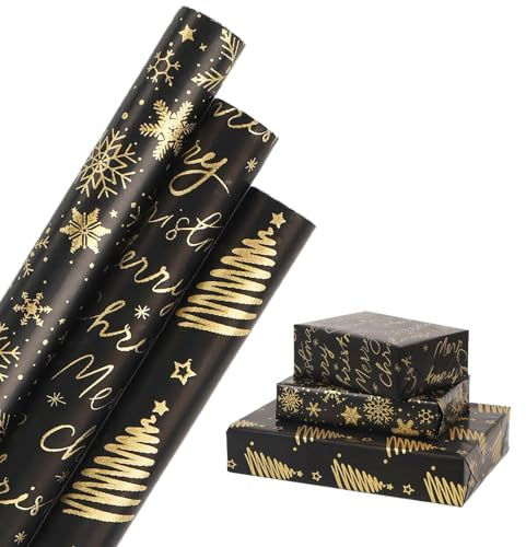 HBell Weihnachts-Geschenkpapier-Rollen, 44 cm x 3 m, Schneeflocken-Geschenkpapier, metallisches Weihnachts-Geschenkpapier für Weihnachten, Party, festliche Dekorationen (Schwarz/Gold)