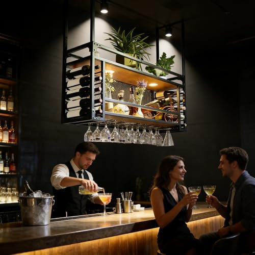 SPTZQURY Wine Rack Wall Mounted with Glass Holder, Ceiling Wine Glass Rack, 2 layer Black Industrial Metal Hanging Ceiling Shelf with Guardrails, for Bar, Kitchen, Cafe, Restaurant (black, 160cm)