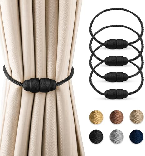 Dalababa Magnetische Vorhang Raffhalter, 4 Stück Vorhanghalter Seil Gardinenhalter, Raffhalter für Vorhänge Vorhangschnalle für Home Büro Gardinen Deko - Schwarz