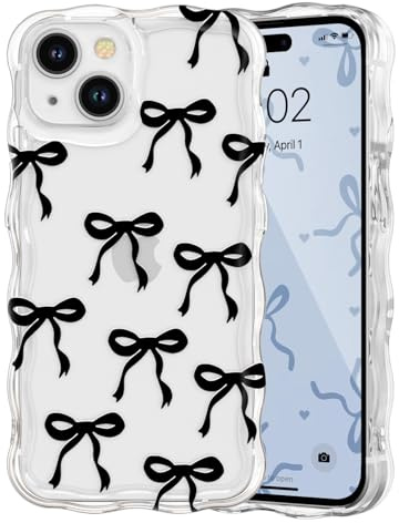 QLTYPRI Etui pour iPhone 13, Coque Transparente pour Filles et Femmes avec Nœud Ruban et Vague Bouclée, Housse Nœud Papillon Esthétique Protectrice en Silicone Souple TPU Antichocs - Noir