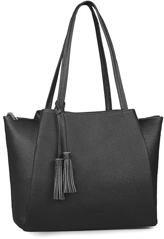 befen Echtleder Handtasche Damen Shopper Tasche, 14 Zoll Laptoptasche, Leder Tote Bag Aktentasche Lehrertasche mit Laptopfach, Mode Schultertaschen für Business Büro Schule, Schwarz