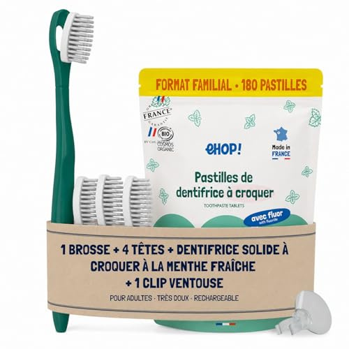 [EHOP] Kit - Brosse à dent Adulte avec 3 têtes rechargeables Adultes Souples, 1 ventouse à clip, 1 dentifrice solide à la menthe | Manche vert | Fabriqué en France