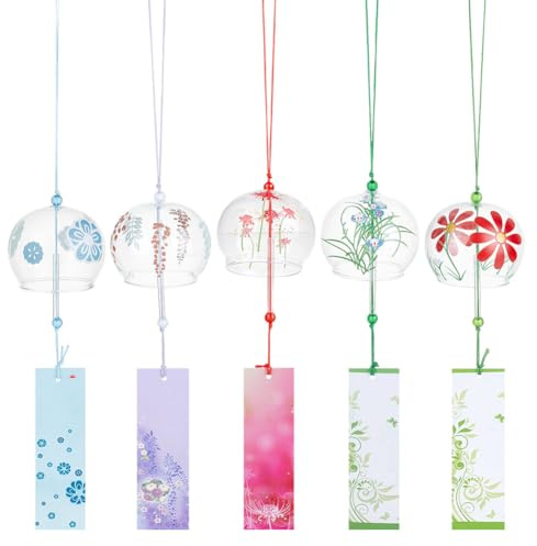 OLYCRAFT 5 Stück 5 Stile Japanische Windspiel Aus Glas, Blumenmotiv | Handgefertigte Windglocken Aus Glas, Kreative Windglocken Zum Aufhängen, Für Haus Garten Hochzeit Innen Und Außendekoration
