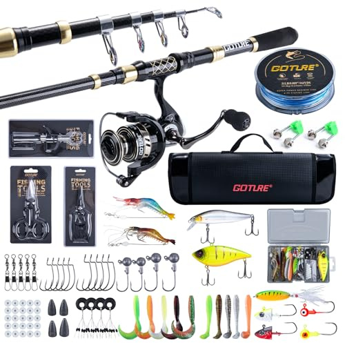 Goture Angelset mit Teleskop-Angelruten (24T Carbon),1,8m/2,1m/2,4m/2,7m I Angelrute Set Komplett 5.2:1 Spinnrolle, 150m/14kg Schnur, Köderbox & Tragetasche – für Salz-/Süßwasser, Reisen–Angelgeschenk