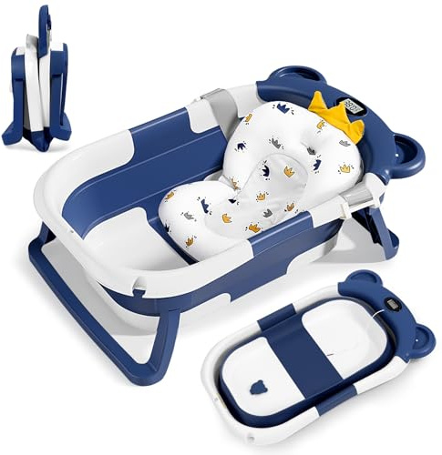 Bañera Plegable Bebé, Bañera Bebe con Cojín, Bañera Bebe Plegable con Termómetro, Bañeras para Bebes, Baby Bath Regalo de Nacimiento (azul)