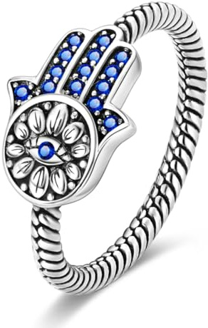 Hapour Anillo de Plata de Ley 925 para Mujer, Anillo Hamsa Ojo del Mal con Piedras CZ Mano de Fátima Anillos Eternidad Banda Única de Declaración Tamaño 6-9, 9, Metal, Circonita cúbica