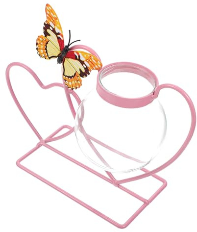 ROMISBABA Jarrón De Vidrio con Soporte De Hierro Forma De Corazón Resistente Alta y Baja Temperatura para Plantas Hidropónicas y Decoración Interior