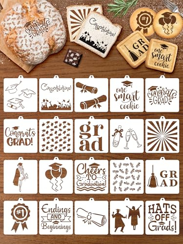 AnyDesign 20 Pcs Graduation Cookie Stencils Painting Stencils Congrats Grad Decorative Cake Baking Templates with Bead Chain for Graduation Party DIY Craft Decor, 4.7 x 5.1 Inch