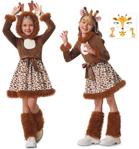 BuzzoXerex Disfraz Reno Niña, Vestidos de Reno Set con Orejas Diadema y Pegatinas Faciales, Disfraz Animales Niña, Disfraces de para Carnaval Fiesta de Cosplay (M)