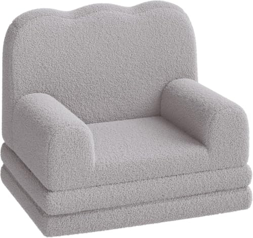 Barnsoffa, 2-i-1 konvertibel soffa för småbarn, av teddyfleece, bäddsoffa, hopfällbar bekväm solstol för barn, för lekrum, barnrum (grå)