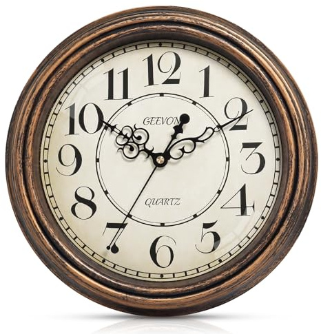 Geevon Retro-Wanduhr, geräuschlos, Nicht tickend, rund, Vintage, Quarz | Goldbraun Retro Zeiger, 12 Zoll, Batteriebetriebene Wanduhr für Küche, Büro, Klassenzimmer, Schlafzimmer, Wohnzimmer