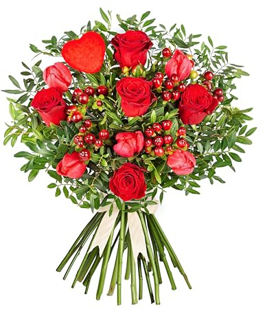 J'adore - Fleurs fraîches - Roses rouges, tulipes éclatantes et baies rouges sur fond de verdure luxuriante - Fleurs de Saint-Valentin - Cadeaux pour elle - Bouquet de Saint-Valentin