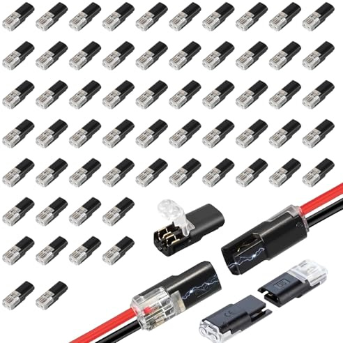 60 PCS Low Voltage Wire Connectors 2 Pin, D2 Push Fit Quick Connect Cable Wire Connectors, H62 Brass Contacts PC Housing, for LED Strip Automotive Speakers 12V Wiring, Solderless