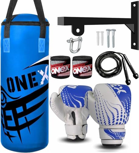 Boxing Punch Bag Heavy Target Pucnhing Training Bag Kickboxing Muay Thai Wall Bracket Chain Filled Set 1pair Kids Punching Gloves MMA Muay Thai Martial Arts 2FT Kids Boxing Gift Set (Blue)