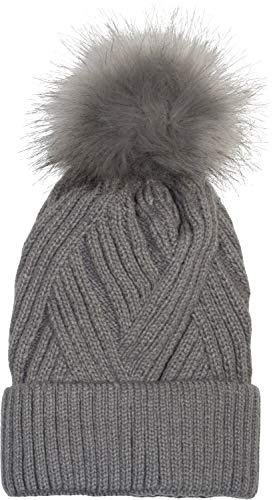 styleBREAKER Damen Strick Bommelmütze Rippenmuster | Diagonal gestrickt, isolierendes Thermo-Fleece-Futter, 10 cm Fake-Fur-Pompon, 18 cm Bund (dehnbar für 46-59 cm Kopfumfang).
