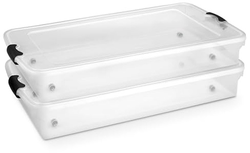 HOMZ 2-Pack Under Bed Storage, Clear Plastic Containers with Lids, 60 Quart, Gray Latch - Stackable Underbed Organizer Bins for Shoes, Bags, Clothes, and Towels