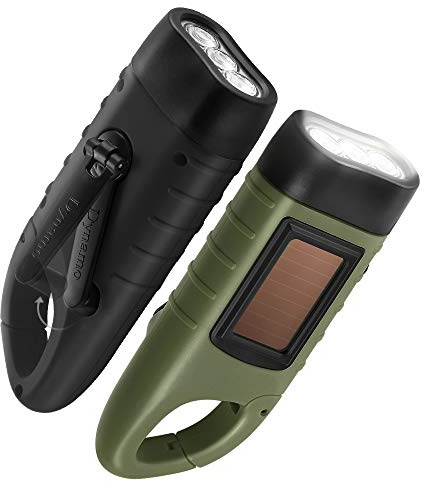 GeeRic Lot de 2 lampes de poche à manivelle, lampe de poche d'urgence LED rechargeable à énergie solaire, torche dynamo de survie pour sports de plein air vert noir